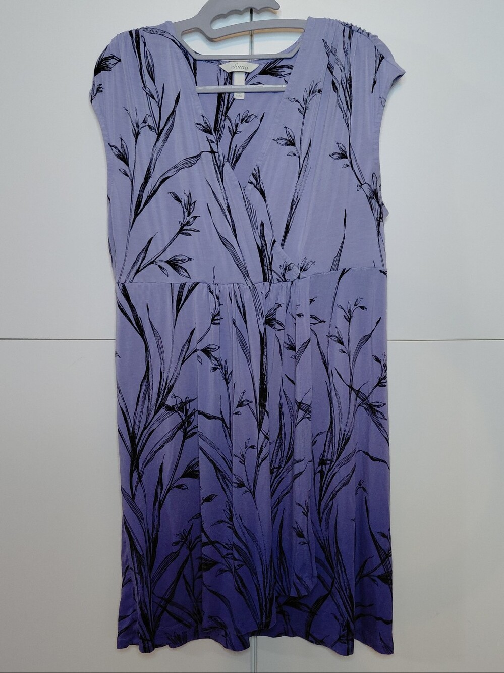 Size L Soma Faux Wrap Lavender and Black Ombre Botanical-Print Midi Dress